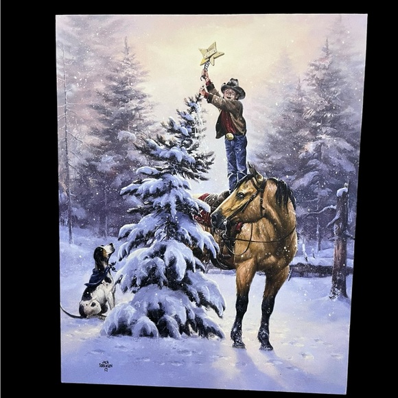 Jack Sorensen Canvas Wall Art Boy Hanging A Star On A Snow Flocked Tree 20”x16” - Picture 2 of 12
